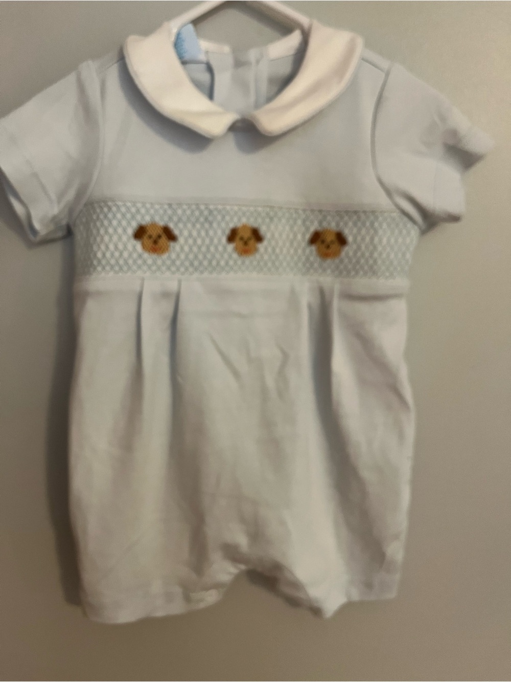 petit bebe Baby Romper with Smocked Puppies - White